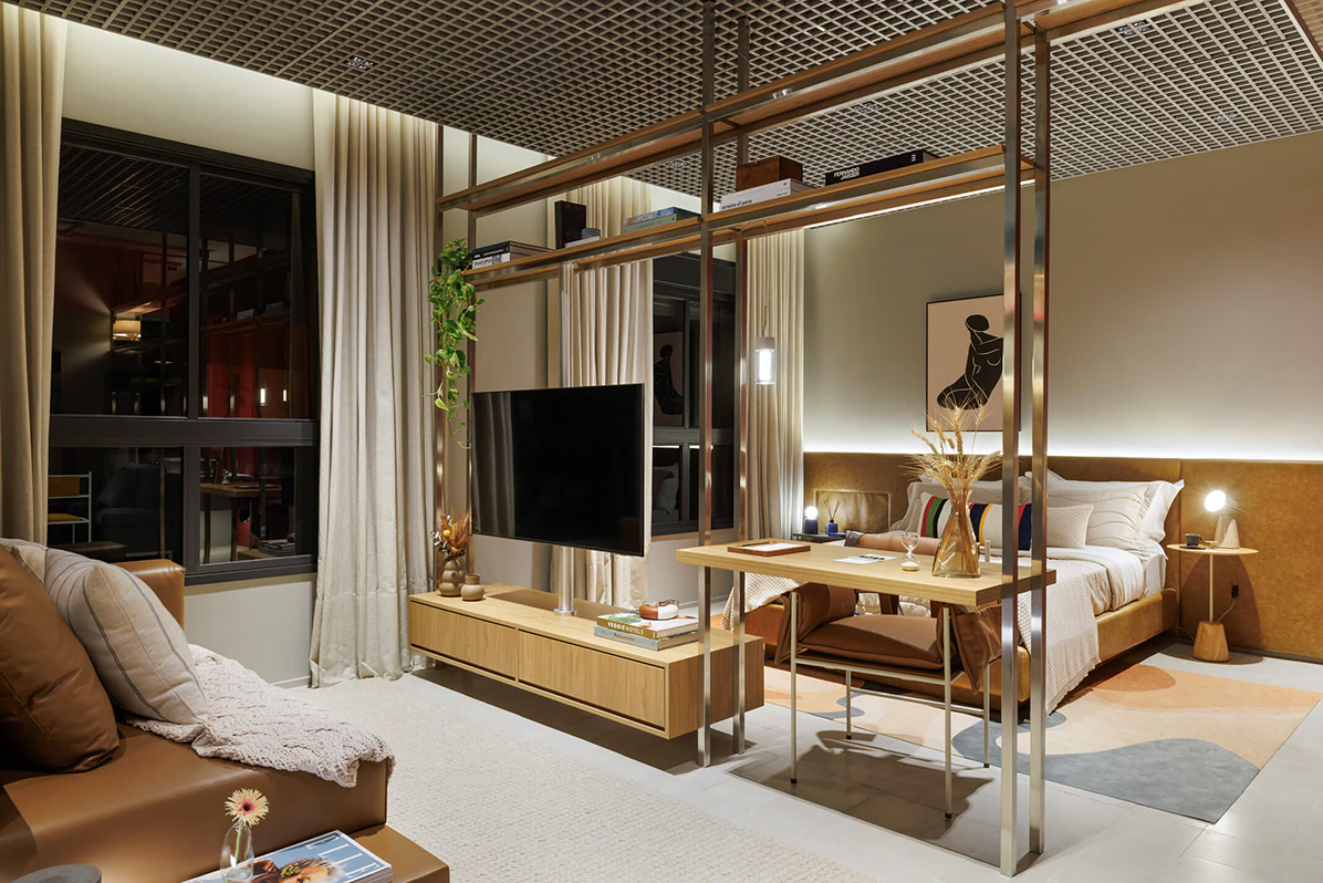 Ambiente interno moderno com espaços integrados e home office